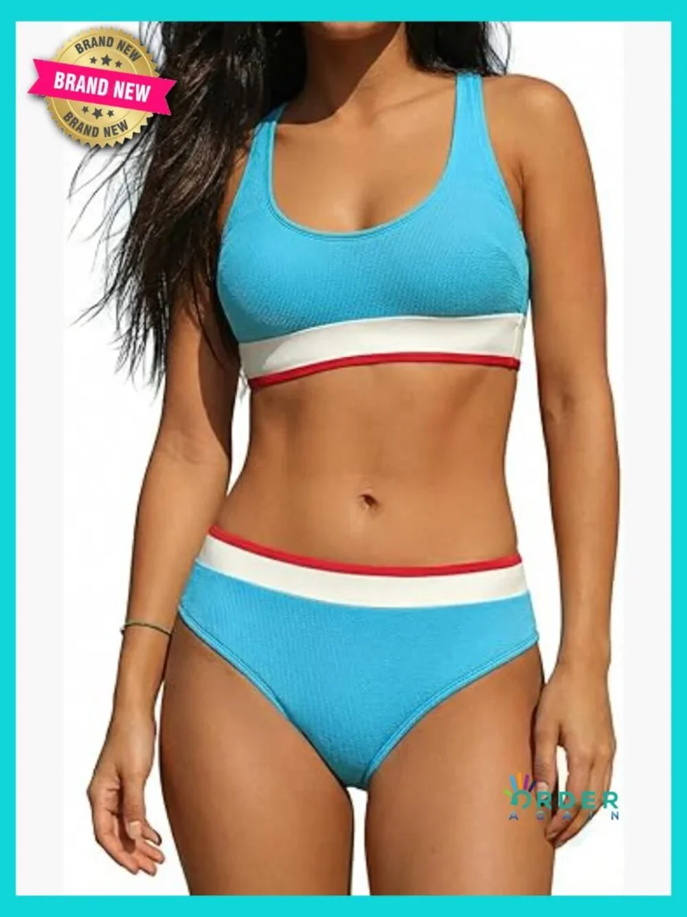 Sporty Two Piece Bikini Set Scoop Neck Padded Cups Adjustable Straps Full